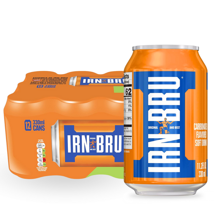 an orange can of iron - brou next to a can of iron - bro