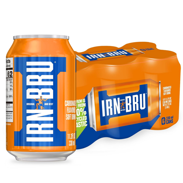 a can of iron - bru next to a can of beer